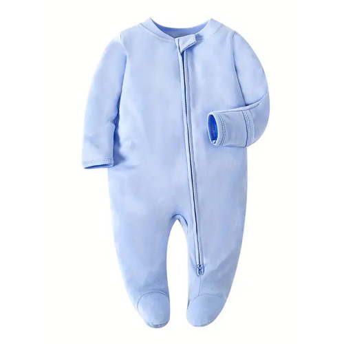 QEFJNO Newborn Unisex Baby Boys' Sleep and Play Footies Pajamas, 2 Way Zipper with Mitten Cuffs Infant Sleeper Cotton PJs - Blue