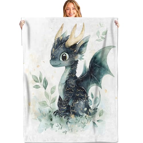 MIEPOS Cute Dragon Throw Blanket,50x60in,Soft,Lightweight Flannel,Whimsical Green Leaves Blankets - Gifts for Kids Boys Girls,for Couch Office Travel,Home Living Room Fantasy Decor