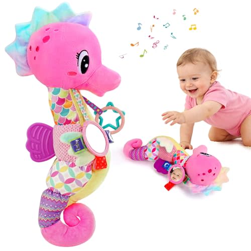 Baby Girl Toys 0-6 Months Musical Seahorse Stuffed Animal Tummy Time Toys Infant 3-6 6-12 Months with Baby Mirror Sensory Newborn Crinkle Developmental Toy Birthday Shower Gifts 0-3 4 5 6 Month