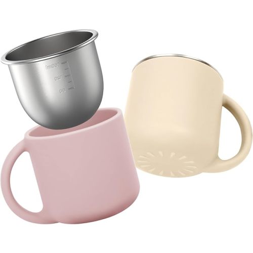 2-IN-1 Open Baby Cups, Stainless Steel Tiny Cup + Silicone Training Cup for Toddlers Kids Babys, No Plastic Taste | No Soap Smell | Shock-proof BLW Feeding Essentials, 2-Pack, Blush/Beige