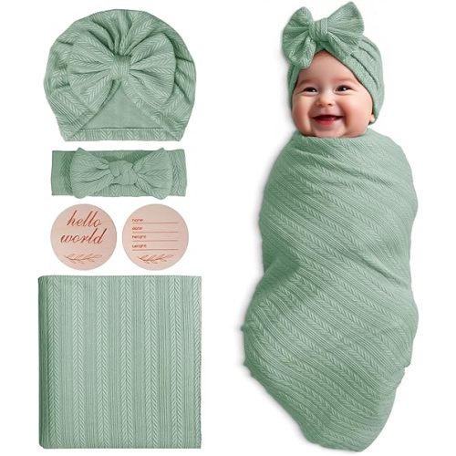 Golener Muslin Swaddle Blankets,Sleepea Swaddle with Bow Headbands, Hats Set and Newborn Name Announcement Card, Stretchy Baby Blankets for Girls and Boys Unisex, Perfect for Newborn Photos (Olive)