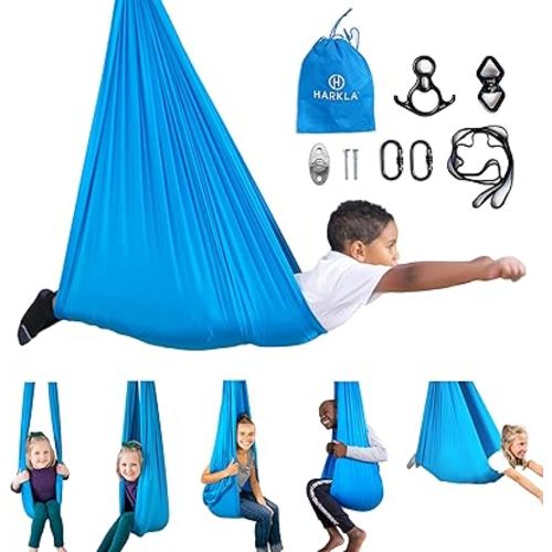 Harkla Sensory Swing for Kids & Adults - Holds 300lbs, Indoor Outdoor Sensory Swing for Hug Like Calming Effect - Durable Soft Stretch Fabric and Heavy Duty Hardware (Blue, 100" Swing + 5" Swivel)