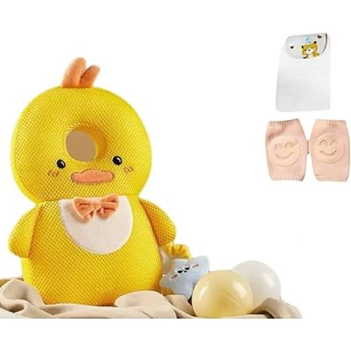 Baby Head Protector Backpack, Toddler Baby Head Protection Backpack with Baby Knee Pads Alarm Function for Walking & Crawling, Soft, Breathable and Wearing Safety Baby Head Protector- Yellow Chick