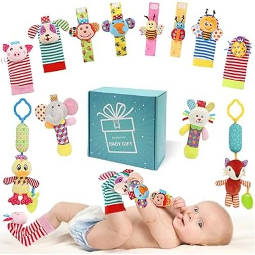 Wrist Rattles Foot Finder Rattle Sock Baby Toy, Hanging Rattle Toy, Hand Bracelet Rattle, Feet Leg Ankle Socks, Activity Rattle Present Gift for Newborn Infant Babies Boy Girl-12pcs A
