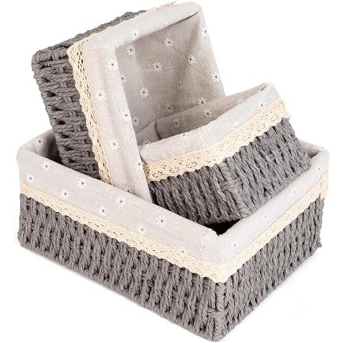 Wicker Baskets for Organizing,Natural Paper Rope Large Small Basket Set with Liner,Hand Woven Pantry Organizer & Storage for Women Girls Bathroom Living Room School Desk Shelves Décor(3 Pack Grey)