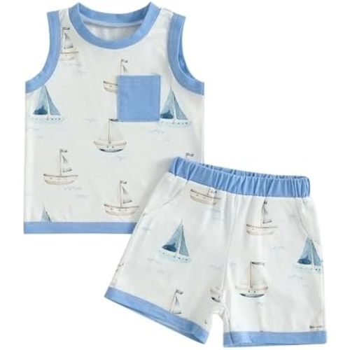 CIYCUIT 2Pcs Baby Boy Summer Clothes Infant Toddler Beach Outfits Sleeveless Tank Tops Shorts Set