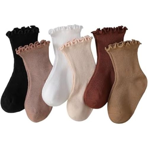 JAKIDAR Baby Girls Ruffle Crew Socks - 6 Pairs Soft Cotton for Infants Toddlers, Cute Frilly Socks for Daily & Dress-Up