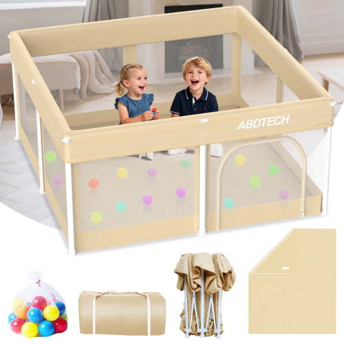 Foldable Baby Playpen with Mat, 50x50 inches Collapsible Playard for Babies and Toddlers, Portable Activity Center with 30 Ocean Balls, Khaki