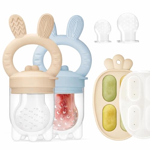 2 Packs Baby Fruit Feeder & Freezer Tray Combo, Push Pop Baby Food Feeder to Safely Introduce New Foods, Fresh & Frozen Food Silicone Feeder, 100% Food Grade, BPA Free