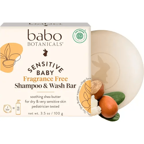 Babo Botanicals Sensitive Baby Fragrance-Free 2-in-1 Shampoo & Wash Bar - Shea Butter, Calendula & Aloe Vera - EWG Verified - Cruelty-Free - Vegan - Pediatrician Tested - For Babies & Kids