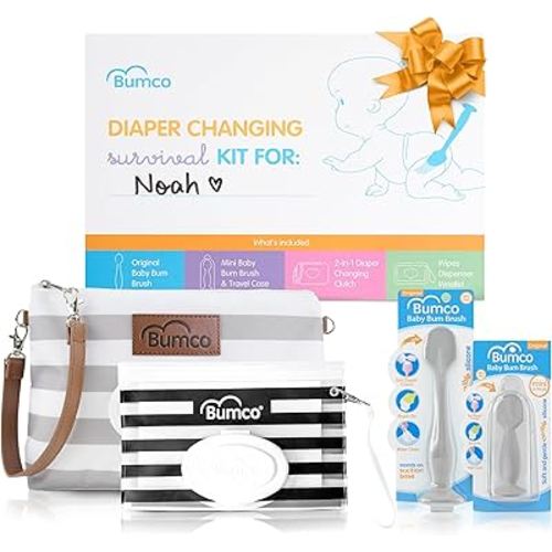 Bumco Baby Essentials Set - Personalized Diaper-Changing Baby Gift Set, Gender Neutral Baby Gift with 2 Baby Bum Brushes (Original & Mini) + Diaper Clutch Bag + Wipes Wristlet, Newborn Gift Set