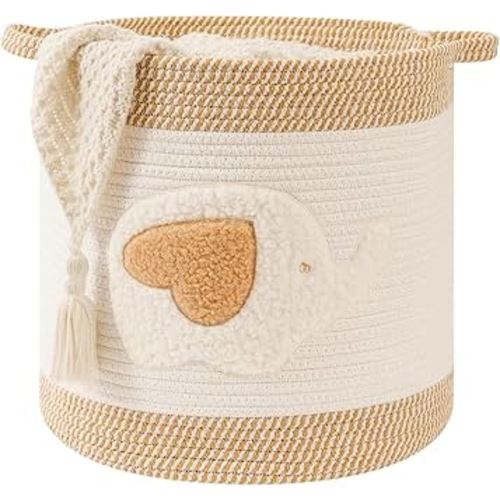 Large Blanket Baskets for Living Room Decor, Toy Storage Baskets Woven Cotton Rope Storage Basket for Kids, Dog Toys Organizer Clothes Hamper with Embroidery Decor for NurseryLaundry (Large, Elephant)