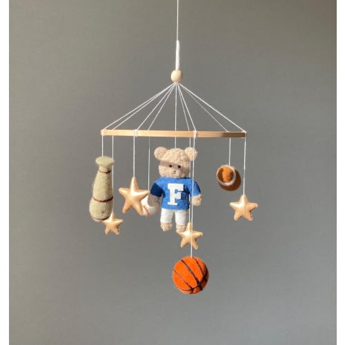 Basketball Nursery mobile, Vintage Teddy Bear mobile, golf bear mobile, sports nursery decor, Baby boy shower Gift idea, new mom gift.