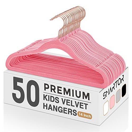 Smartor Kids Velvet Hangers 50 Pack, 14'' Inch Premium Non Slip Kids Felt Hangers for Closet, Space Saving Toddler Clothes Hanger for Youth's Childrens' Clothes (Rose Gold Hook)- Pink