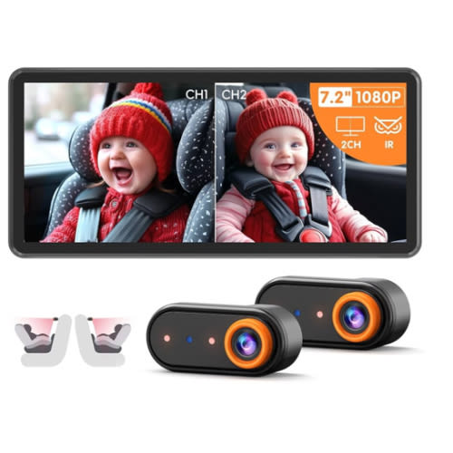 BM5PRO 7.2" 1080P HD Baby Car Camera for 2 Kids, Split Screen with IR Night Vision, Easy to Install & Adjust Brightness, Dual Car Camera Baby Monitor for Rear Seat Safety