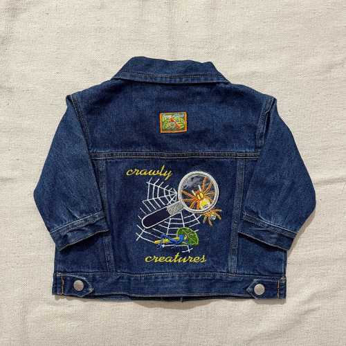 Vintage 90s Kids Baby Toddler Bug Club Spiders Nature Denim Jean Jacket Blue Size 12 Months