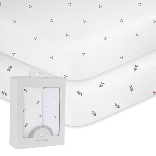Ely's & Co. Patent Pending Waterproof Crib Sheets, 100% Cotton with Waterproof Lining - Built in Mattress Protector, 2 Pack Fitted Crib Sheet Set, Berry and Cluster Dot (Lavender) 28” x 52”