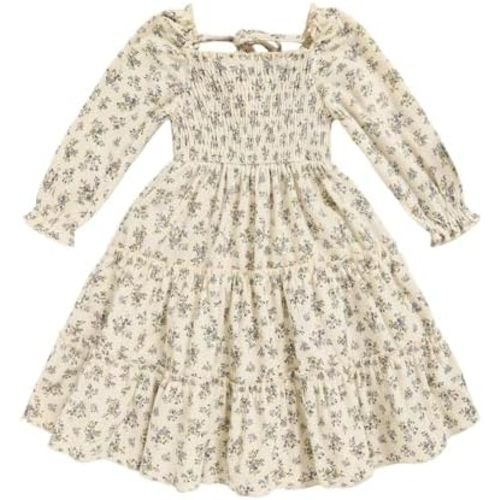 Toddler Girl Dress Long Sleeve Baby Floral Smocked Square Neck Playwear Dress | Spring Fall Casual Dresses 1-6Y