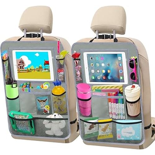Car Backseat Organizer ，2 Pack Car Organizer Back Seat with 11" Tablet Holder, 10 Storage Pockets Seat Back Protectors Kick Mats for Kids Toddlers, Travel Accessories (Grey)
