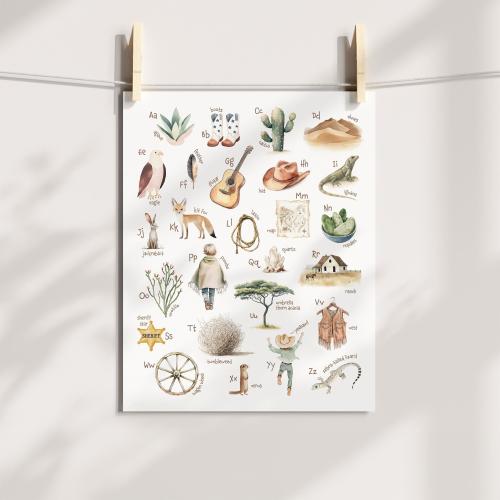 Western Boy Nursery Alphabet Print, Cowboy ABC Art Poster, Baby Boy Room Decor