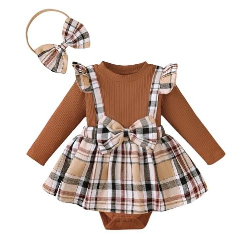 Baby Girl Clothes Sets: 2 Piece Long Sleeve Top Plaid Romper with Headband Fall Winter Outfit for Infant 0-24 Months