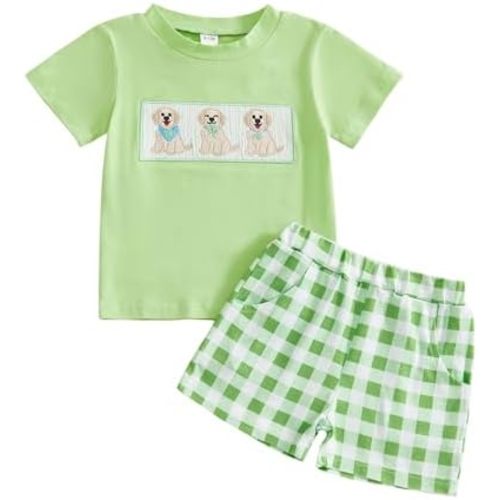 Toddler Baby Boys St Patricks Day Outfit Short Sleeve Smocked Embroidery Tops Plaid Shorts Infant Irish Clothes