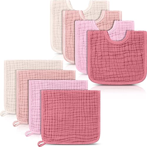 Tallew 8 Pack Muslin Burp Cloths and Baby Bibs for Boy Girl 20" x 10" Cotton Baby Bandana Drool Bibs Muslin Burp Cloths Absorbent Rag for Newborn Toddler Infant Gifts(Dark Rose Color)