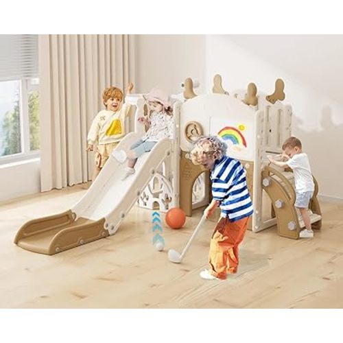 YUFU 12 in 1 Kids Slide for Toddlers, Toddler Slide Playset with Golf, Drawing Board, Climber, Basketball Hoop and Storage Space, Indoor Outdoor Toddler Playground for Kids Age 1-3 (Brown)