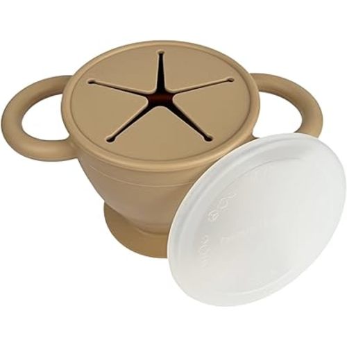 BraveJusticeKidsCo. | Snack Attack II Snack Cup | Collapsible Silicone Snack Container | Toddler and Baby Snack Catcher Lid (Warm Sand)
