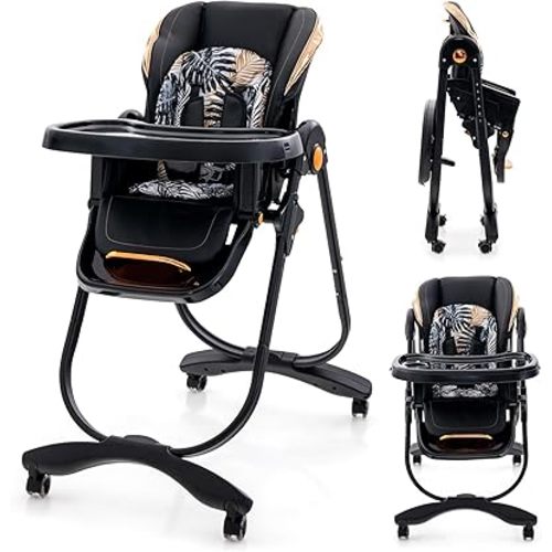 HONEY JOY Baby High Chair, Foldable High Chairs for Babies and Toddlers, Adjustable Heights, Recline Backrest & Footrest, Double-Layer Tray & Cushion, Portable Infant Highchair with Wheels (Black)