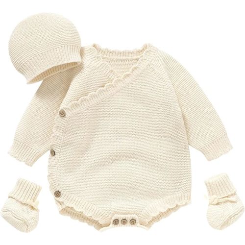 Unisex Baby 3 Piece Sweater Set Cotton Knit Romper with Hat and Booties, Long Sleeve Outfit Newborn Infant Clothes