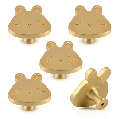 LUCLOCKER 5 Pack Solid Brass Cartoon Rabbit Cabinet knob, Children's Dressing Table, Desk, Bookshelf, Drawer, Wardrobe, Gold Single Hole Handle