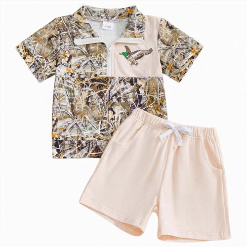 CAICJ98 Toddler Baby Boy Hunting Outfit Duck Half Zip Short Sleeve Tshits Shorts Set Infant 2Pcs Summer Camouflage Clothes (Beige,6-12 Months)