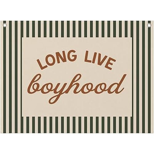 Long Live Boyhood Canvas Banner Wall Hanging, Trendy Red and Olive Green Striped Wall Art Decor Hanging Flag for Kids Boys Toddler Room Nursery Bedroom Playroom, 20x30 Inch,EE035-ZL