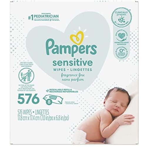 Baby Wipes, Pampers Sensitive Water Based Baby Diaper Wipes, Hypoallergenic and Unscented, 8 Refill Packs (Tub Not Included), 72 each, Pack of 8 (Packaging May Vary)