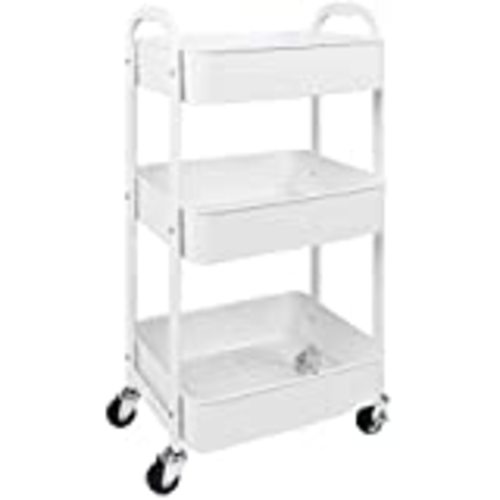 3-Tier Plastic Rolling Utility Cart with Handle: White. Store baby essentials and easily move around home!