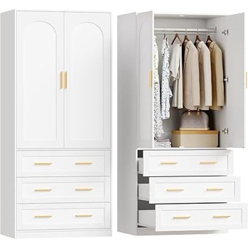 Wooden Armoire Wardrobe Closet with 3 Drawers, 71"Wardrobe Armoire