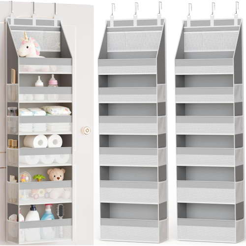 2 Pack Over The Door Organizer, Heavy-Duty 6-Shelf Hanging Storage with 13 Mesh Pockets, 55lbs Capacity Behind The Door Storage for Nursery, Bathroom, Bedroom, and Dorm, Grey