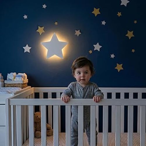 KALEOLI Star Night Light for Nursery - Dimmable & Rechageable Kids Wall Light - 106 Pcs Moon and Stars Wall Decals Set - 90 Min Timer for Bedtime Routines