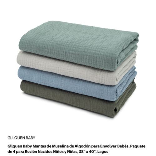 GLLQUEN BABY Baby Muslin Cotton Swaddle Blankets 4-Pack 38x40 Inches for Newborn Boys Girls