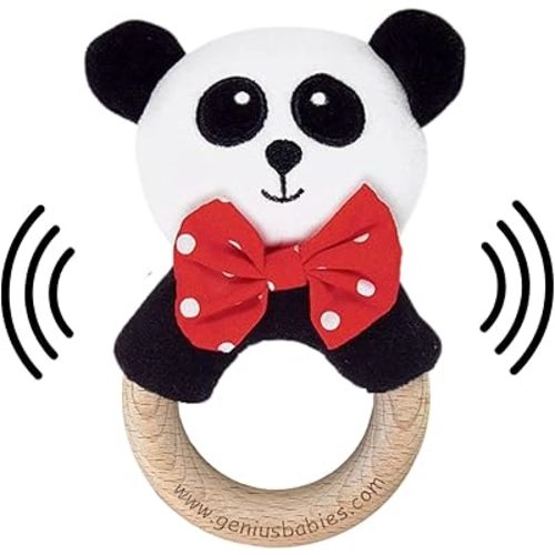 Baby Rattle in High-Contrast Black, White, Red - 5" Tall - Baby Rattle with Cute Panda Face and Wood Handle - Perfect Size for Small Hands - Teach Baby to Grasp and Shake by Genius Baby Toys