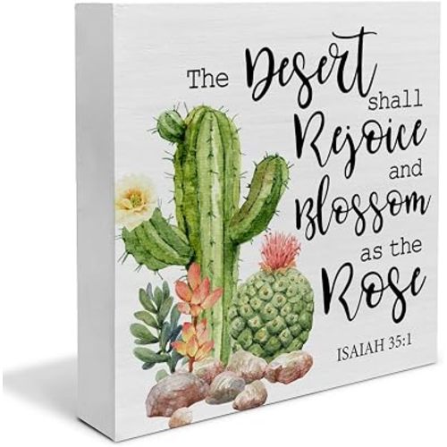 Country Isaiah 35:1 Bible Verse Wood Box Sign Decor Desk Sign Cactus and Succulent Wooden Box Block Sign Summer Rustic Home Shelf Wall Decoration 5x5 in