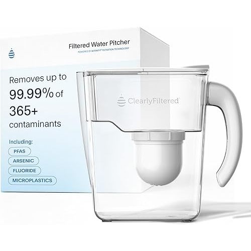 Clearly Filtered No.1 Filtered Water Pitcher/Updated Model/Targets 365+ Contaminants e.g. Fluoride Chlorine PFAS Microplastics Lead Arsenic BPA/BPS Free (Pitcher Includes 1 Filter)