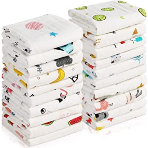 20 Pack Muslin Baby Burp Cloths Large 20 x 10 Inches Cotton Baby Burp Rags Baby Towel and Washcloths Face Towels 6 Layers Super Absorbent for Baby Infant Shower,20 Styles