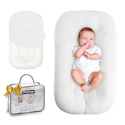 Baby Lounger for Newborn - Snuggle Cozy Me Lounger | Breathable Soft Cotton, 0-24 Months Portable Playtime Baby Nest, Newborn Baby Essentials Gifts - Natural (1 Lounger + 1 Cover)