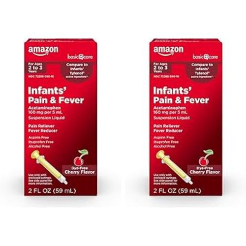 Amazon Basic Care Infants' Pain & Fever, Acetaminophen 160 mg per 5 mL, Suspension Liquid, Dye-Free Cherry Flavor, 2 fl oz (Pack of 2)