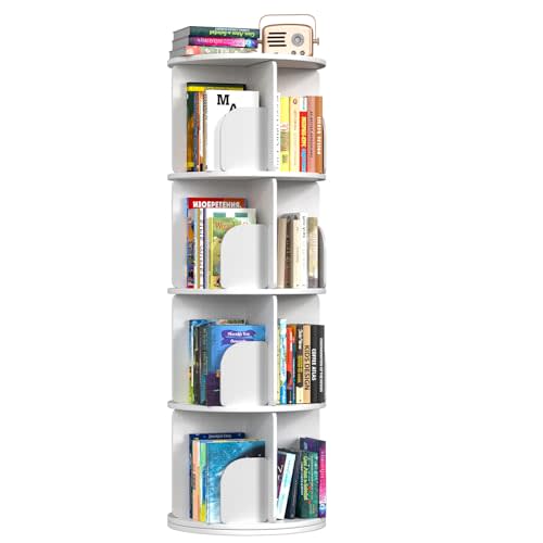 Kryonix Rotating Bookshelf, Spinning Bookshelf Tower 4 Tier, 360° Revolving Bookcase Lazy Susan, Multi-Functiona Corner Round Turning Book Shelf Organizer for Small Spaces(Off-White)