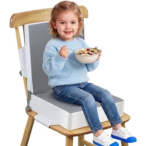Booster Seat for Kitchen Chair - Toddler Booster Seat for Dining Table - PU Washable Double-Safety Straps with Buckle, Kids Portable Outdoor Booster Seat (Grey)