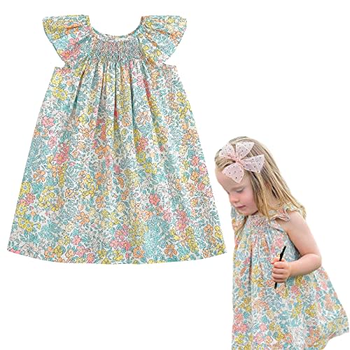 Simplee kids Baby Girls Casual Dress Toddler Smocking Dress Floral Print Sundress for Spring Summer 1-6 Years