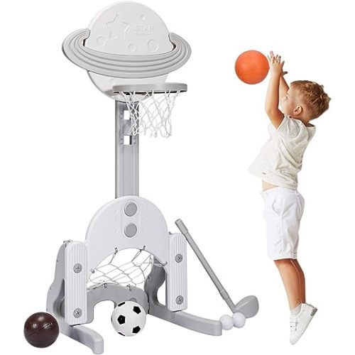 Costzon Kids Basketball Hoop, Toddler Sports Activity Center with 5 Adjustable Height Levels, Basketball Soccer Golf Game Set, Indoor Outdoor Basketball Hoop Set Best Gift for Baby Infant